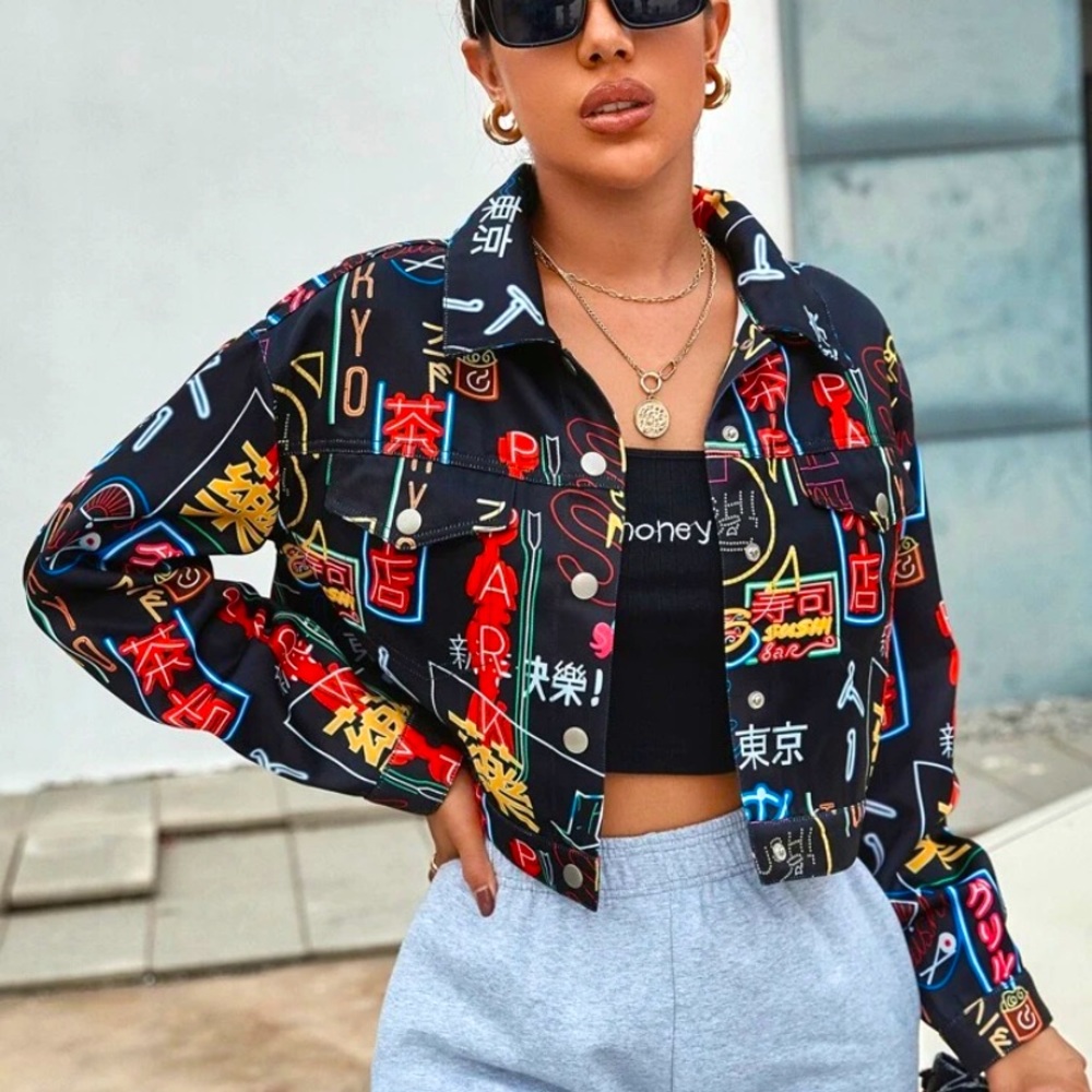 SHEIN Multicolor All Over Print Button Front Jacket